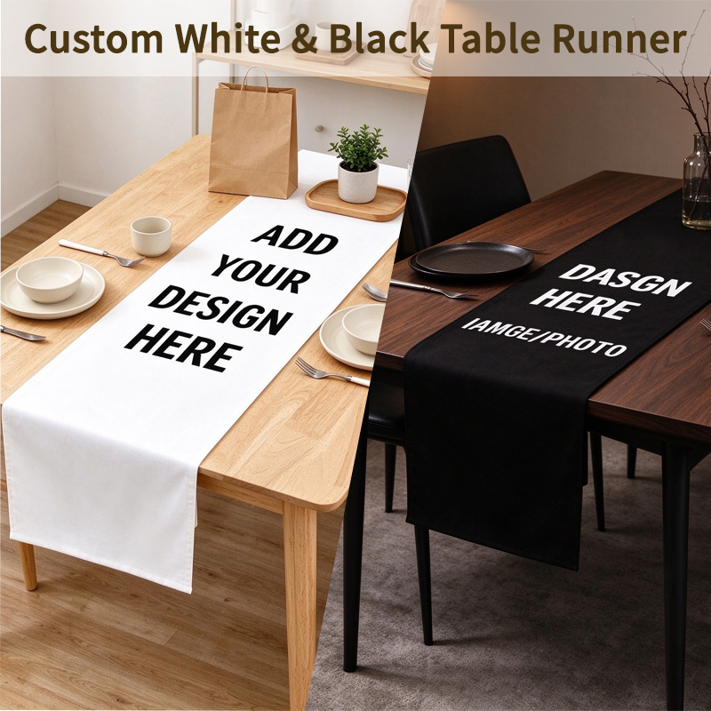 Home Textiles & Decorations - オーダーメイドのテーブルランナー1枚。黒または白。幅30cm。名前入りで、お祝いのパーティーやホリデーシーズンに最適なテーブル装飾。